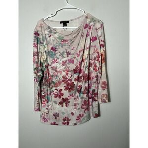 ST John Pink Floral Draped Neck Long Sleeve Top Sz L Rayon NWOT Cottage Luxury